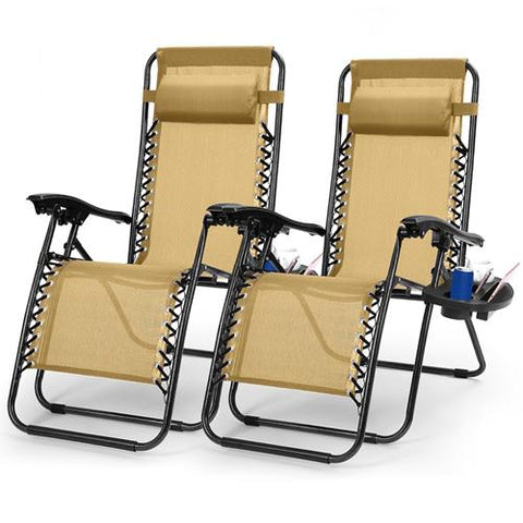 2 Pack Zero Gravity Lounge Chair w/ Dual Side Tray 330lbs Load Foldable Recliner Chair w/ Stress Relief Pillow Patio Poolside Beach Lying Chair