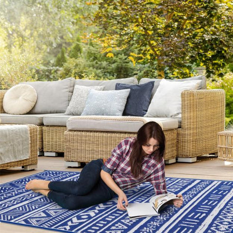 5x8FT Reversible Outdoor Rug Waterproof Mat Carpet Portable Plastic Outdoor Activity for Picnic Patio Deck RV Trip Blue & W