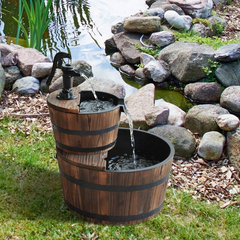 Outdoor 2-Tier Solid Wood Whisky Barrel Waterfall Fountain with Electric Pump