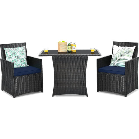 3-Piece Patio Furniture Outdoor Dining Set Brown PE Rattan Navy Blue Cushions