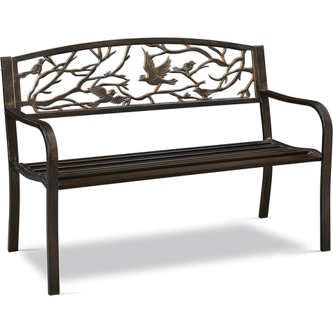 Outdoor Cast Iron Garden Bench in Bronze Metal Finish with Bird Pattern Backrest