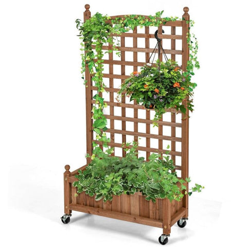 Outdoor Solid Wood Raised Garden Bed Mobile Planter Box with Trellis on Wheels