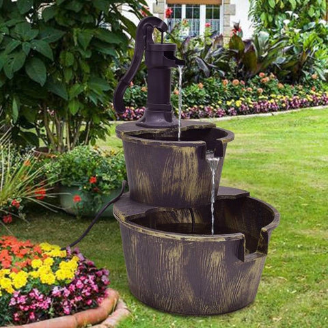 Outdoor 2-Tier Rustic Barrel Water Fountain with Submersible Pump