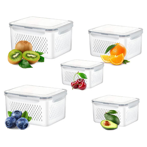 5Pcs Fruit Vegetable Containers with Removable Drain Basket Leakproof Lid Stackable Food Storage Organizer for Fridge Dishwasher Safe