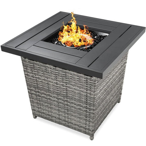 50,000 BTU Grey Wicker LP Gas Propane Fire Pit w/ Faux Wood Tabletop and Cover